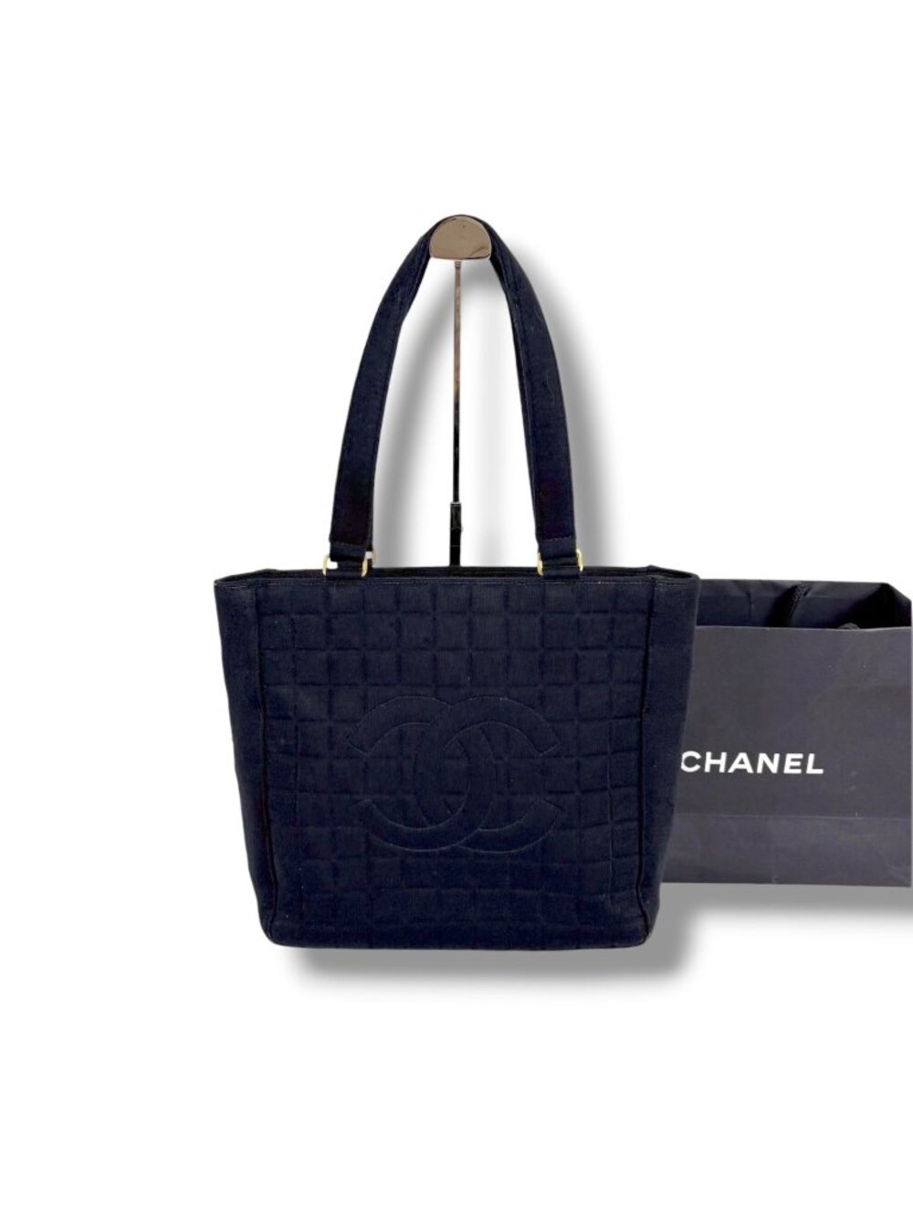 Chanel Choco Bar CC Logo Mini Tote Cotton Canvas Black Shoulder